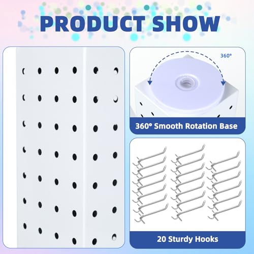 Rotating Pegboard with 20 Peg Hooks 4-Sided Pegboard Spinning Display Stand 4 x 4 x 12 Inches, Keychain Display Stand for Retail Display, Earring Display (White) - color: White