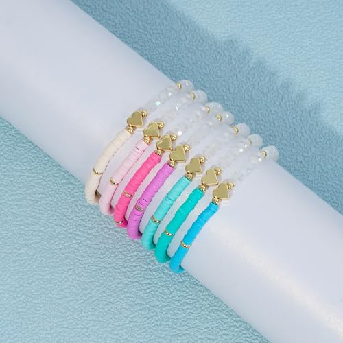 RISHEGAE Heishi Beaded Stretch Bracelets for Women Stackable Polymer Clay Beads Bracelets Friendship Boho Summer Beach Bracelet Jewelry Set - color: C-Small blue clay 7pcs