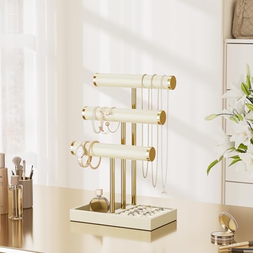 bussdis 3 Tier Bracelet Holder Display - Beige Leather Bracelet Holder, Detachable T Bar Jewelry Holder Organizer for Bracelet, Necklace, Earrings, Rings, Watches, Bangle - color: Beige