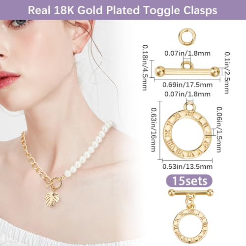 Beebeecraft 1 Box 15Pcs Toggle Clasps for Jewelry Making 18K Gold Plated Brass Clock Round Toggle Clasps Connectors Metal Bar and Snap Ring for DIT Craft - color: Gold 15pcs
