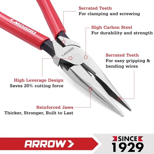 ARROW 8" High Leverage Needle Nose Pliers with Side Cutters, Long Nose Pliers for Gripping, Wire Bending, Cutting - size: 8 INCH