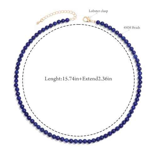 Crystal Choker Necklaces for Women,4mm Handmade Natural Stone Choker Beaded Necklace Healing Crystal Necklace Gemstone Bead Necklaces for Women - color: Lapis Lazuli