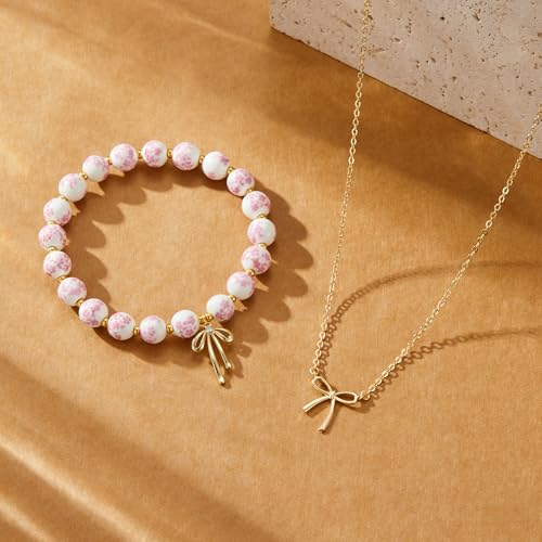 Bow Bracelet Necklace Set 14K Gold Beaded Bracelet Dainty Bow Pendant Choker Jewelry Gift Set - color: Pink