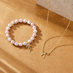 Bow Bracelet Necklace Set 14K Gold Beaded Bracelet Dainty Bow Pendant Choker Jewelry Gift Set - color: Pink
