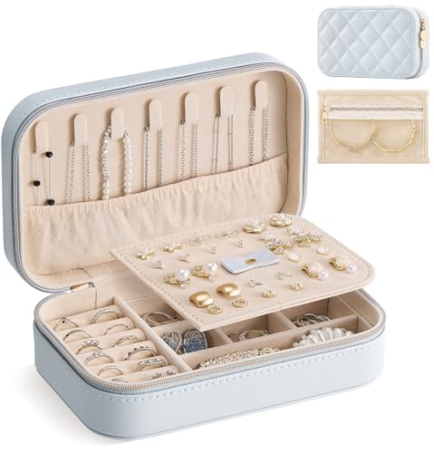 Lolalet Travel Jewelry Case for Women Girls, PU Leather Jewelry Organizer with Clear Storage Bag Small Portable Jewelry Box for Necklace Bracelet Earring Ring Mothers Day Birthday Gifts -Medium/Blue - color: Blue, size: Medium (6.8"W*4.4"D*2.2"H)