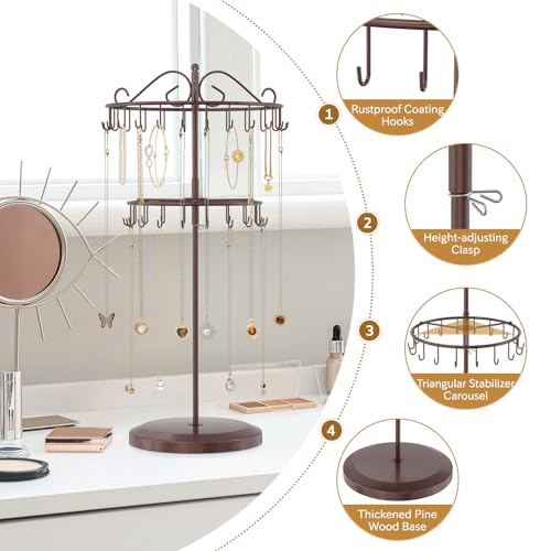 iDavosic.ly 2 Tier Rotating Necklace Holder Organizer with 42 Hooks, Adjustable Metal Bracelet Display Stand Rack, Extra Tall Keychain Spinning Tree Tower for Women, Espresso Brown - color: Satin Espresso