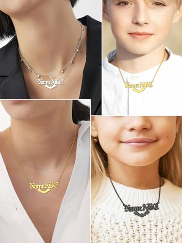 GoldChic JEWELRY Name Necklace Personalized for Men, Womens Custom Name Plate Chain, Stainless Steel Customized Old English Nameplate Choker with Curb Chains Custom, 16 inches to 30 inches - color: Rolo Chain(1.8 mm)&Bat- Gold