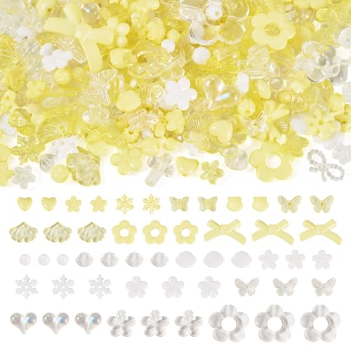 100G Mixed Shapes Acrylic Beads Assorted Beads for Bracelet Making,Flower Bow Butterfly Leaf Aesthetic Bracelet Charms Cute Beads for Jewelry Making DIY Necklace Keychain Phone Charms,Yellow - color: Yellow