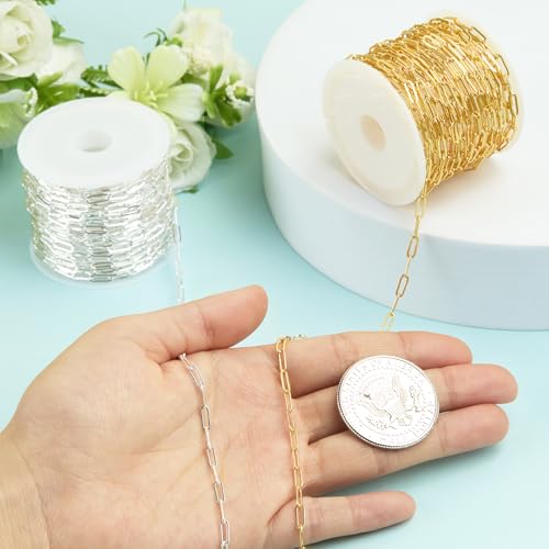 Kyutong 2 Rolls Paperclip Chain for Jewelry Making 32.8 Feet Jewelry Chain Links Silver and Gold Chains Bulk with Lobster Clasps and Jump Rings for DIY Craft Finding Jewelry Making Supplies - color: 2.8×7.6 Paperclip Chain