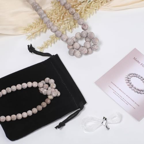 Stone Beads, 45pcs Matte Flowery Cowry Fossil, 8mm Round Loose Beads for Jewelry Making, Bracelets, with Bag, String & Card - color: Matte Flowery Cowry Fossil, size: 8mm