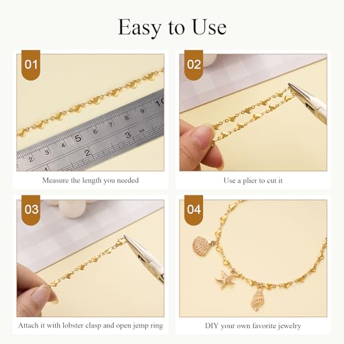 Jabogrii 13 Feet Gold Heart Chain for Jewelry Making Stainless Steel Craft Chain Spool DIY Jewelry Findings - color: Heart Gold