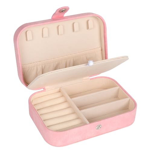 Hatori Travel Jewelry Box, PU Leather Small Jewelry Organizer for Women Girls, Portable Mini Travel Case Display Storage Holder Boxes for Stud Earrings, Rings, Necklaces, Bracelets (Pink Beige) - color: Pink Beige