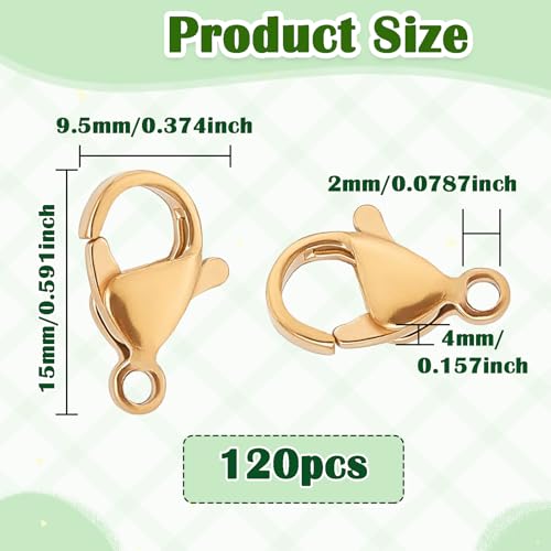 120Pcs 15mm Stainless Steel Lobster Clasps Gold Plated Lobster Claw Clasps Fasteners Hooks for DIY Necklace Bracelet Jewelry Making - color: Gold plated, size: 15mm