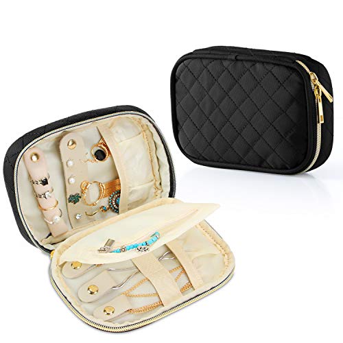 Teamoy Small Jewelry Travel Case, Portable Jewelry Organizer Bag for Earrings, Necklace, Rings and More (Small, Quilted- Black) - color: Quilted Black