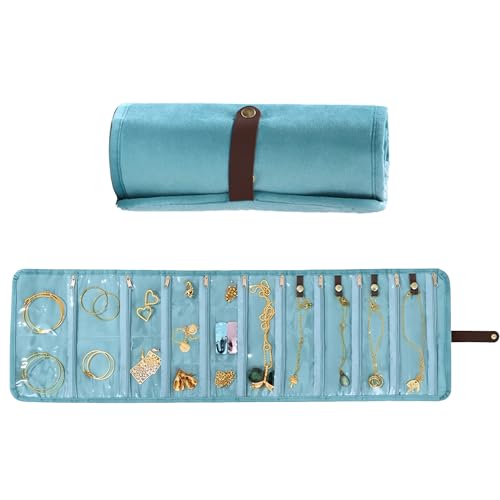 Portable Jewelry Roll Bag, Foldable Travel Jewelry Organizer Case with Zippered Pockets, Jewelry Storage Bag, Roll Up Jewelry Organizer Bag for Journey Rings, Necklaces, Earrings, Bracelets(Mint blue) - color: Mint blue