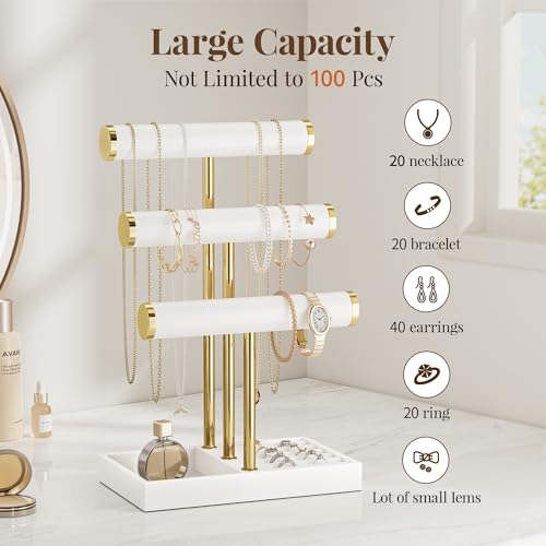 bussdis 3 Tier Bracelet Holder Display - White Leather Bracelet Holder, Detachable T Bar Jewelry Holder Organizer for Bracelet, Necklace, Earrings, Rings, Watches, Bangle - color: White