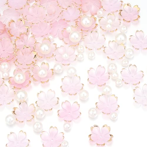 100Pcs Cherry Blossom Acrylic Flower Beads, 5-Petal Gold-Plated Gradient Floral Bead with 90Pcs Multi-Size Beige Pearls for Bracelets Earrings DIY Adult Jewelry Making (Light Pink Gradient - color: Light Pink Gradient, size: Flower & Pearl Beads