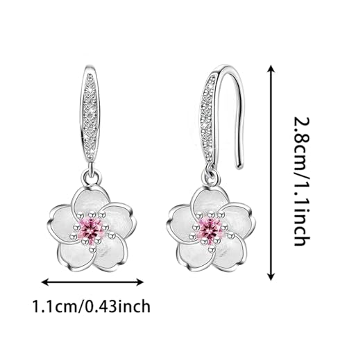 Pink Flower Earrings for Women 925 Sterling Silver Cherry Blossom Earrings Pink Crystal Flower Sakura Fish Hook Earrings Lightweight Elegant Christmas Wedding Holiday Floral Jewelry Gifts