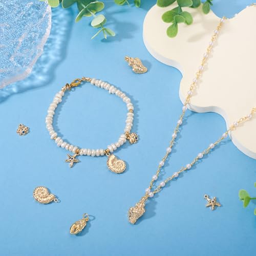 Cheriswelry 5Pcs 18K Gold Filled Conch Shell Charms Cubic Zirconia Metal Brass Seashell Starfish Pendants 10-20.5mm for DIY Summer Necklace Bracelet Earring Jewelry Making - color: Gold-5pcs