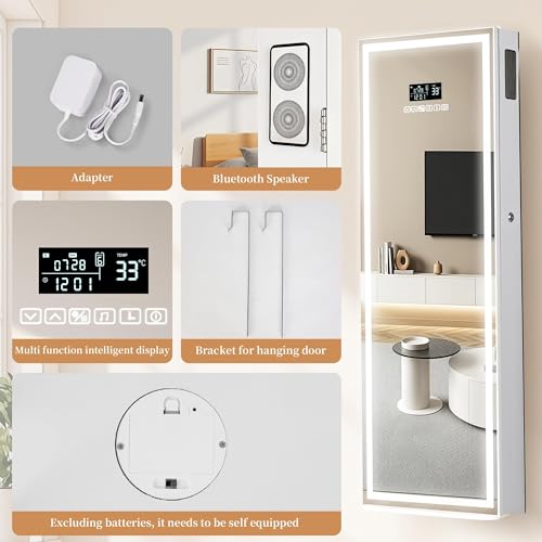 LED Mirror Jewelry Cabinet with Bluetooth Speaker, Wall/Door Mounted Jewelry Organizer Armoire, Full Length Lighted Mirror with Jewelry Storage,Jewelry Box Standing for Women