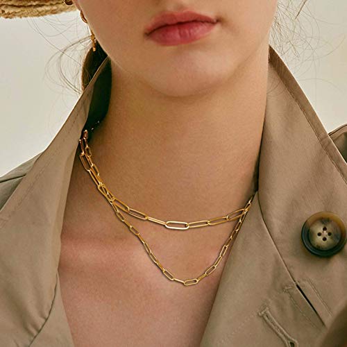 RWQIAN 18k Gold Paperclip Chain Link Necklace Dainty Paperclip Link Chain Layered Necklace Oval Link Chains Necklaces Set for Women Girls - color: 18K Gold-Paperclip Chain