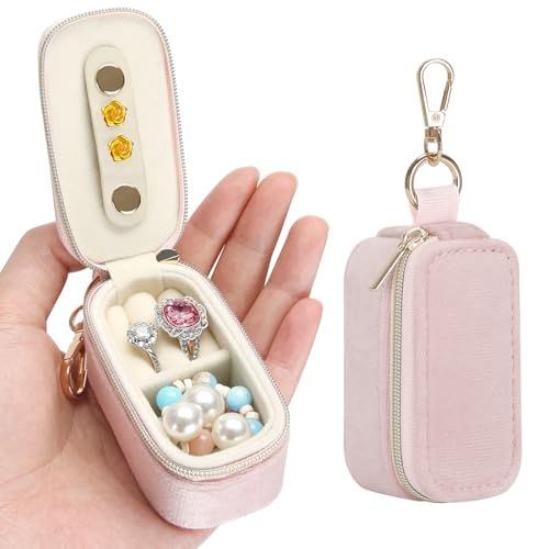 KUKUVR Mini Gym Velvet Jewelry Box with Keychain, Compact Travel Jewelry Holder for Ring Earring Necklace, Jewelry Organizer Case for Travel Daily Use, Ideal Gift for Her (Pink) - color: Pink