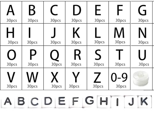 Acrylic Letter Beads 4mm Flat Round, 6mm Square - Beads for Making Friendship Bracelet or Necklace (28 Pieces of Square White with Black) - color: 28 pieces of square white with black