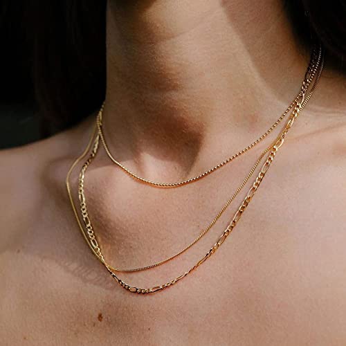 Freekiss Women's Layered Necklace Set - 3 Piece Dainty Gold Jewelry for Everyday Stacking | 14K Gold Plated Snake Chain, Rope Chain, Cuban Chain | Adjustable Length 14-18.5 Inch | Gift Ready - color: Gold, style: Beads+Cuban+Figaro