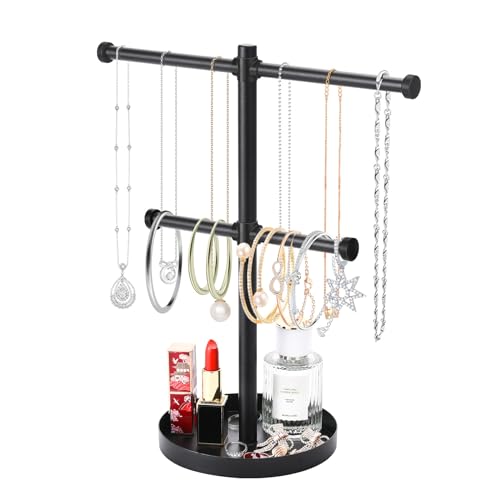 bodkar Necklace Holder Organizer Stand,2-Tier Sturdy Metal Jewelry Stand with Round Tray for Bracelet Bangles Holder Display,12.9" Tall for Long Necklace - color: Black