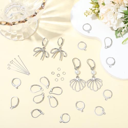 1 Box 180Pcs Stainless Steel Leverback Earring Hooks Earring Hook Making Kit with Loop Hypoallergenic Head Eye Pins Jump Rings No Tarnish Lever Back Earwire Clasps for Jewelry Making DIY - color: Silver