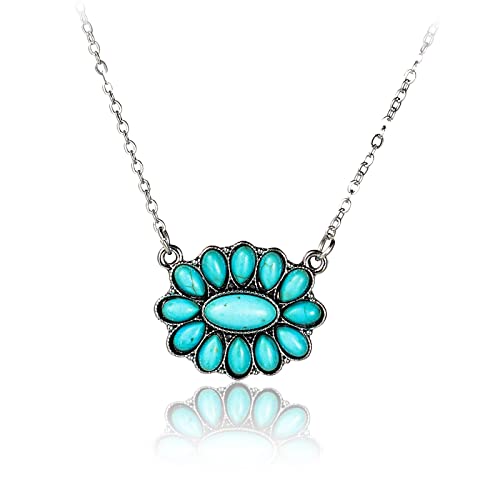 Pingyongchang Natural Turquoise Necklace Boho Bead Silver Cross Vintage Statement Pendant Necklace Handmade Turquoise Western Necklaces Jewelry for Women - color: J