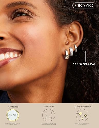 ORAZIO Small Gold Hoop Earrings for Women Hypoallergenic 14K Gold Plated Chunky Huggie Earring Sets for Multiple Piercing Dainty Earing Stacks Set Cute Silver Cartilage Jewelry Trendy Gifts - style: Silver Plated-Classic