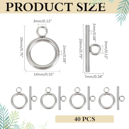 40Pcs Toggle Clasps Stainless Steel T Bar Ring Connector Closure Hook Fastener Necklace Bracelet Round Closures Jewelry Clasp for Bracelet Necklace Jewelry Making 19x14x2mm - size: 19x14x2mm