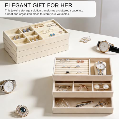 Velvet Jewelry Organizer for Drawer, 6-Piece Stackable Jewelry Trays with Removable Dividers, Drawer Organizer Inserts Set with 2 Cleaning Cloths for Women Dresser Vanity, Beige