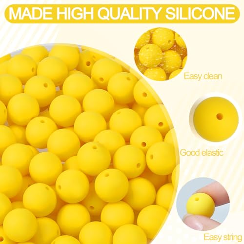 MAIBAOTA 120 Pcs Yellow Silicone Beads 15 mm Yellow Beads for Keychain/Pens/Bracelet/Necklace Making Focal Beads Loose Rubber Round Silicone Beads Bulk for Craft Making（with Boxed Kits） - color: Yellow
