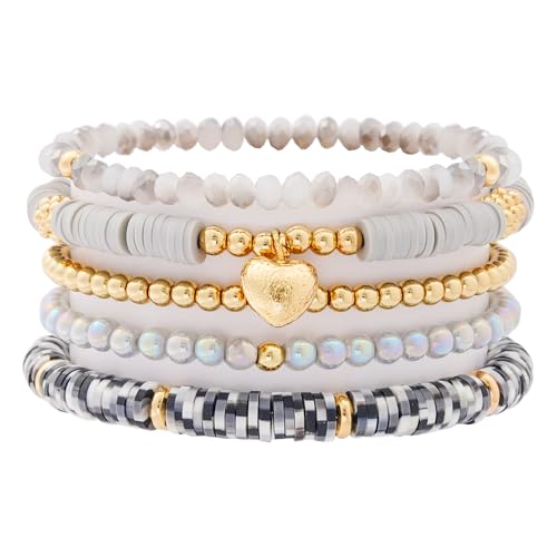 RISHEGAE Heishi Beaded Stretch Bracelets for Women Stackable Polymer Clay Beads Bracelets Friendship Boho Summer Beach Bracelet Jewelry Set - color: E-Gray Heart