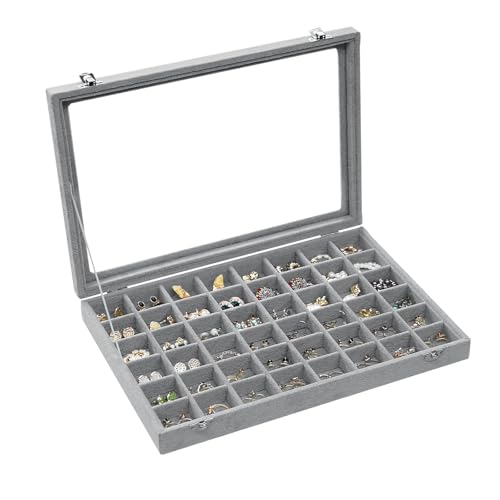 Stratalife Jewelry Organizer 48 Grid Jewelry Trays with Dust-proof Lid Velvet Earring Organizer Ring Holder Accessories Box Necklaces Earrings Storage for Women Drawers Gray - color: Gray, size: 48 Grid