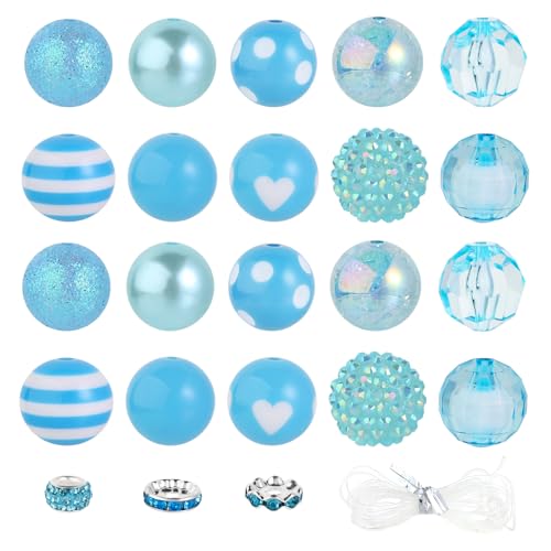 35 Pcs Chunky Bubblegum Beads 20mm Focal Pen Large Rhinestone Pearl Bead with Rhinestone Large Hole European Spacer Bead for DIY Beadable Pen School Jewelry Making Keychain Craft Making(Lake Blue) - color: Lake Blue