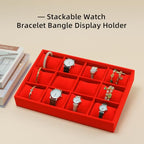 Jewelry Watch Tray, Red Velvet Watch Jewelry Organizer 12 Grid, Stackable Watch Bracelet Bangle Display Holder, Adjustable Pillows, for Man Woman Show Birthday - color: Red