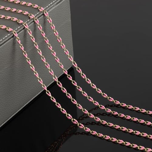 Pink Enamel Chain for Jewelry Making, 2 Meters Gold Plated Brass Cable Link Chain Roll with 30pcs Jump Rings and 10pcs Lobster Clasps - color: Pink