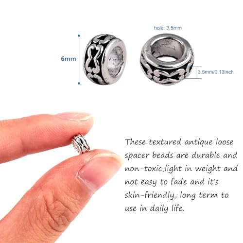 KISSITTY 100-Piece Tibetan Antique Silver European Large Hole Rondelle Spacer Beads 6mm With 3.5mm Hole for DIY Jewelry Craft Making