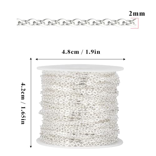 33 Feet Silver Cable Chains Roll, 2MM Silver Plated Brass Flat Cable Link Chain Spool Bulk for Jewelry Making DIY Craft - color: 2.0mm silver cable chain