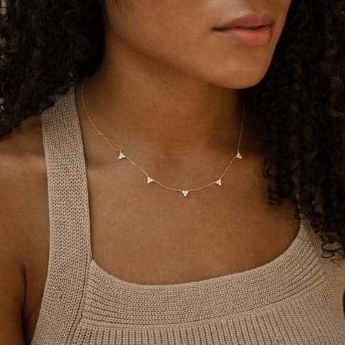 Mothers Day Gifts - Dainty Silver Gold Necklaces for Women Cute Station Choker Simulated Diamond Necklace Simple Layering CZ Necklace Trendy Jewelry Gifts - color: Gold, style: 5pcs Flower-Shaped CZ