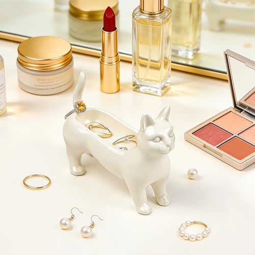 PUDDING CABIN Minimalist Ceramic Cat Ring Holder - Elegant White Jewelry Tray for Rings, Earrings & Necklaces, Unique Cat Lover Gifts for Women, Mom, Bestie, Cute Home Decor for Vanity & Nightstand - style: Siamese Jewelry Holder
