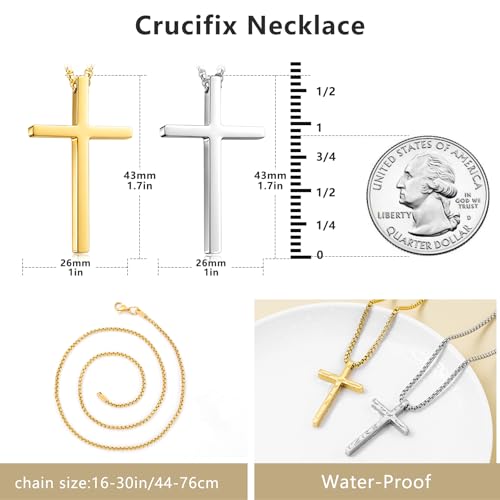 Romass 2 Pcs Cross Necklace for Men Boys,Stainless Steel Pendants Silver Black Gold Crosses Chain Jewelry Gifts Box 16-30 inches - size: 20 in, style: 2Pcs(silver+gold) 1.2 "* 0.7'' pendant