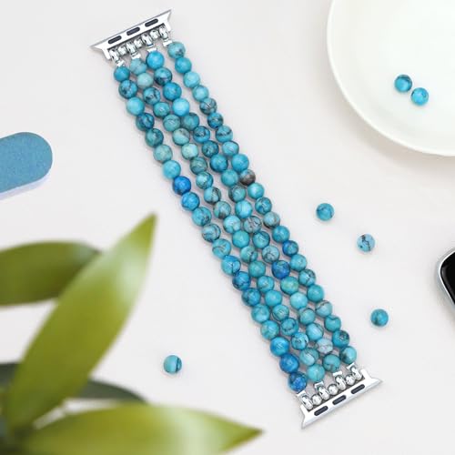 Newlibery Natural Stone Bracelet Beaded-Band Women Compatible with Apple Watch 42mm(S3/2/1) 44/45/46/49mm Feminine Handmade Stretch Strap for iWatch Series 11/10/9/8/7/6/5/4/3/2/1 SE 3/2/1 Ultra1/2/3 - color: B3 Blue Green, size: 46(S10/11)/49/45/44/42mm(