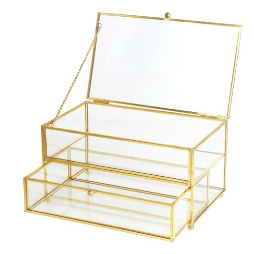 ZEXALOR 2-Tier Vintage Clear Desk Organizer with Drawer,Gold Decorative Storage Boxes,Jewelry Holder Display Tray Trinket Boxes Glass Memory Keepsake Box Dresser Vanity Wedding Decor Gifts(Gold)
