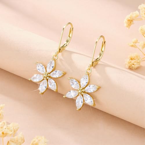 925 Sterling Silver Flower Dangle Earrings for Women, Daisy Flower Dangling Leverback Earrings, Cubic Zirconia Dangly Earring 14k Gold Plated Hypoallergenic CZ Floral Drop Earing for Women Trendy Jewelry Gifts - color: 14K Gold