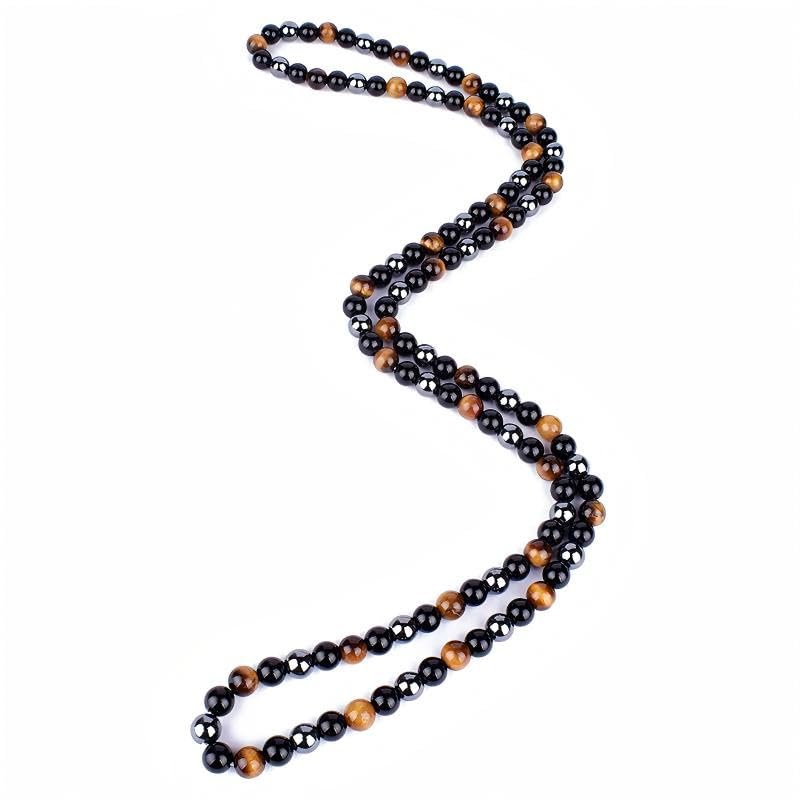 Natural Stone Beaded Necklace 8mm Tiger Eye Black Obsidian and Hematite Buddha bead lucky necklace 26 Inches, Black and Brown Men and women necklaces fift - color: Tiger eye stone, black gallstones, and hematite