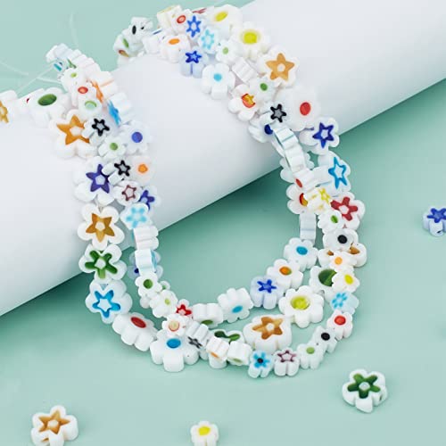 OLYCRAFT About 208~222 Pcs Handmade Flower Millefiori Lampwork Glass Beads 3 Styles White Glass Flower Beads Loose Mosaic Bead for Jewelry Bracelet Necklace Making and DIY Craft - color: Flower #1